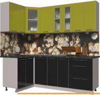 Кухня Интерлиния Мила Пластик 1.2x2.2 (черный гл/оливковый гл/кастилло темный) картинка