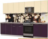 Кухня Интерлиния Мила Пластик 3.0 А (слива глянец/ваниль глянец/травертин) картинка