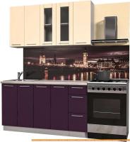 Кухня Интерлиния Мила Пластик 1.5 Б (слива глянец/ваниль глянец/травертин) картинка