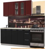 Кухня Интерлиния Мила Пластик 1.5 Б (черный глянец/бордо глянец/опал светлый) картинка