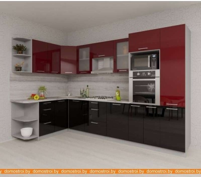 Кухня Интерлиния Мила Gloss 1.68x3.2 левая (бордовый-черный) фотография