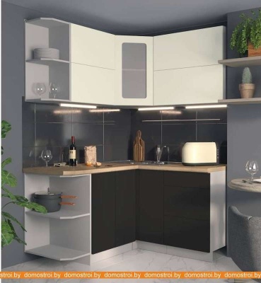 Кухня Интерлиния Мила Матте 1.5x1.4 А правая (слон кость-пепел-травертин серый) фотография