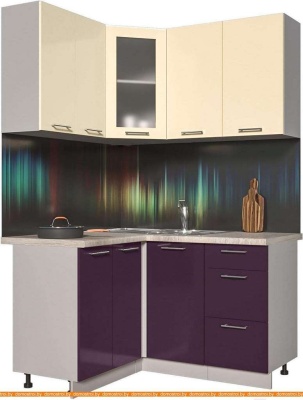 Кухня Интерлиния Мила Пластик 1.2x1.4 (слива глянец/ваниль глянец/травертин) фотография