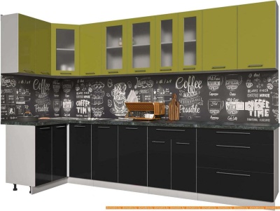 Кухня Интерлиния Мила Пластик 1.2x3.2 (черный гл/оливковый гл/кастилло темный) фотография
