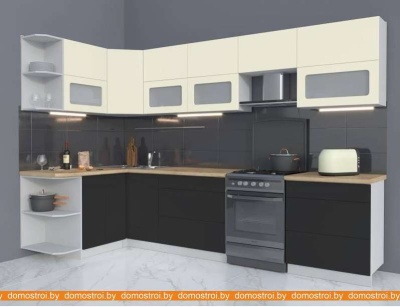 Кухня Интерлиния Мила Матте 1.5x3.1 Б правая (слон кость-пепел-травертин серый) фотография