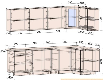 Кухня Интерлиния Мила Матте 1.5x2.7 А левая (океан-луна-травертин серый) фотография
