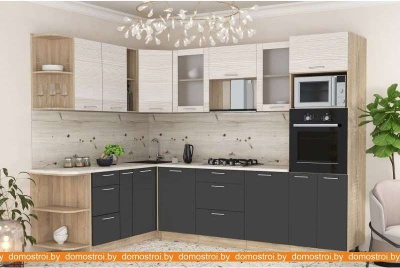 Кухня Интерлиния Мила 1.88x2.8 левая (вудлайн кремовый-антрацит-малага) фотография