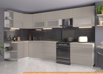 Кухня Интерлиния Мила Матте 1.5x3.5 Б левая (луна/луна/травертин серый) фотография