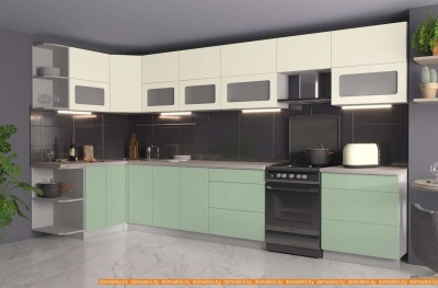 Кухня Интерлиния Мила Матте 1.5x3.8 Б левая (слоновая кость/мята/травертин сер.) фотография