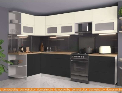 Кухня Интерлиния Мила Матте 1.5x3.1 Б правая (слон кость-пепел-травертин серый) фотография