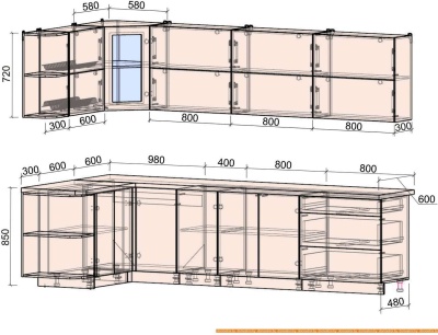 Кухня Интерлиния Мила Матте 1.5x3.0 А левая (океан/океан/травертин серый) фотография