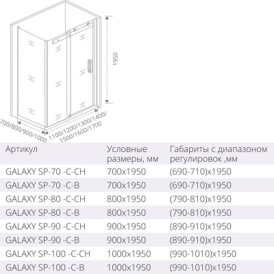Боковая часть GoodDooor Galaxy SP-90-C-CH 90x195 прозрачные стекла фотография