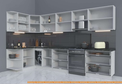 Кухня Интерлиния Мила Матте 1.5x3.5 Б левая (луна/луна/травертин серый) фотография