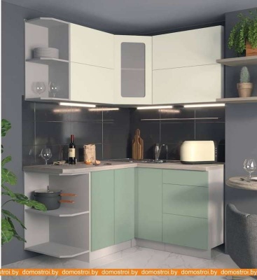 Кухня Интерлиния Мила Матте 1.5x1.4 А правая (слон кость-мята-травертин серый) фотография