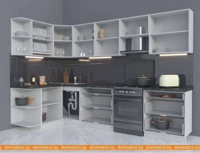 Кухня Интерлиния Мила Матте 1.5x3.1 Б правая (слон кость-пепел-травертин серый) фотография